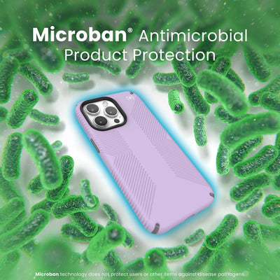 A case with phone inside is surrounded by bacteria. A blue halo around the phone keeps the bacteria away. Text reads Microban antimicrobial product protection. Microban technology does not protect users or other items against disease pathogens.#color_spring-purple-cloudy-grey