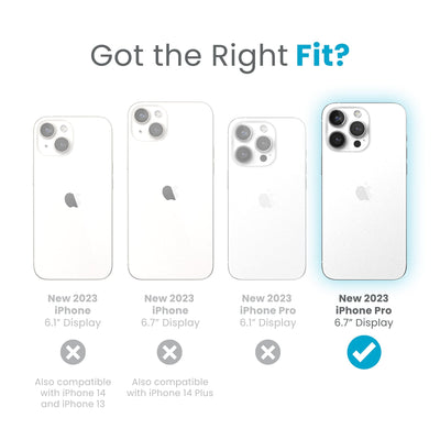 Four iPhones are lined up, cameras facing forward. The 2023 iPhone 15 Pro Max is highlighted with a halo around it, while the other phones are dimmed, signifying that this product is specifically made for the 2023 iPhone 15 Pro Max. Text reads got the right fit?#color_coastal-blue-dust-grey