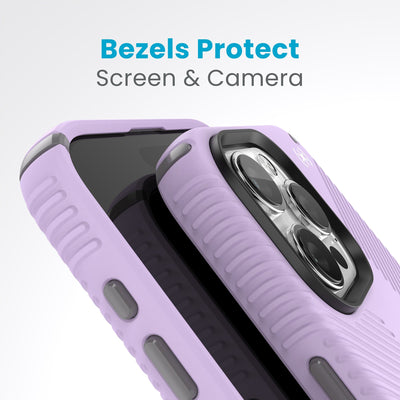A case with phone inside with camera facing up is lying on top of a case with phone inside with screen facing up. Both are at a sharp angle clearly showing case's raised bezels around screen and camera. Text reads bezels protect screen and camera.#color_spring-purple-cloudy-grey