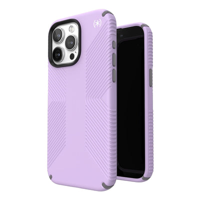 Three-quarter view of back of phone case simultaneously shown with three-quarter front view of phone case.#color_spring-purple-cloudy-grey