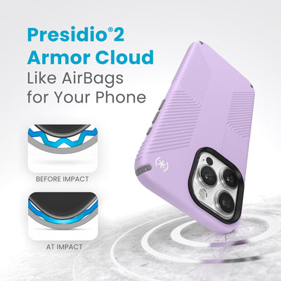 A case with phone inside hits a hard surface on the top corner. Diagrams show Armor Cloud case lining before and at impact. Text reads Presidio2 Armor Cloud. Like airbags for your phone. #color_spring-purple-cloudy-grey