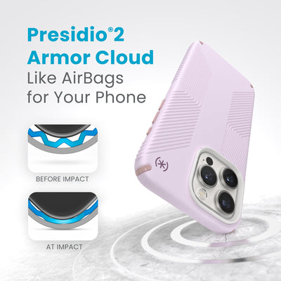 A case with phone inside hits a hard surface on the top corner. Diagrams show Armor Cloud case lining before and at impact. Text reads Presidio2 Armor Cloud. Like airbags for your phone. #color_soft-lilac-carnation-petal