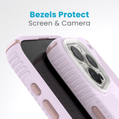 A case with phone inside with camera facing up is lying on top of a case with phone inside with screen facing up. Both are at a sharp angle clearly showing case's raised bezels around screen and camera. Text reads bezels protect screen and camera.#color_soft-lilac-carnation-petal