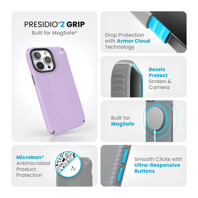 Summary of all product features such as MagSafe compatibility, drop protection with Armor Cloud technology, Microban antimicrobial product protection, raised bezels to protect screen and camera, and smooth clicks with ultra-responsive buttons.#color_spring-purple-cloudy-grey