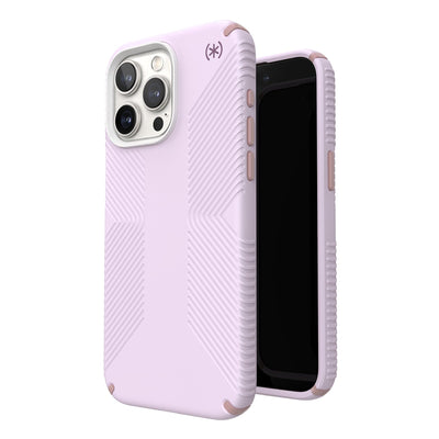 Three-quarter view of back of phone case simultaneously shown with three-quarter front view of phone case.#color_soft-lilac-carnation-petal