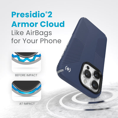 A case with phone inside hits a hard surface on the top corner. Diagrams show Armor Cloud case lining before and at impact. Text reads Presidio2 Armor Cloud. Like airbags for your phone. #color_coastal-blue-dust-grey