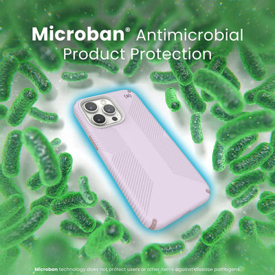 A case with phone inside is surrounded by bacteria. A blue halo around the phone keeps the bacteria away. Text reads Microban antimicrobial product protection. Microban technology does not protect users or other items against disease pathogens.#color_soft-lilac-carnation-petal