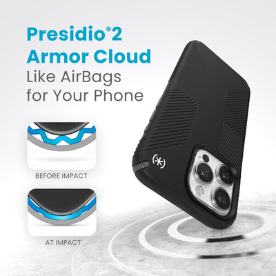 A case with phone inside hits a hard surface on the top corner. Diagrams show Armor Cloud case lining before and at impact. Text reads Presidio2 Armor Cloud. Like airbags for your phone. #color_black-slate-grey