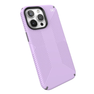 Tilted three-quarter angled view of back of phone case.#color_spring-purple-cloudy-grey