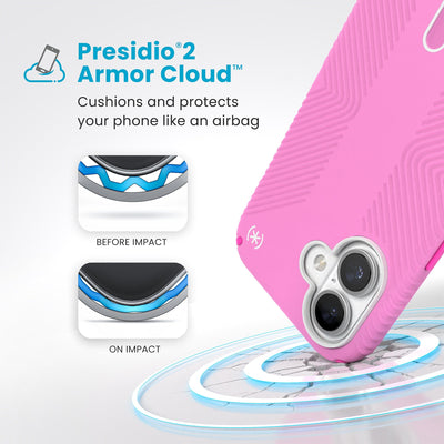 A corner of the case impacts the ground - a diagram shows interior cushion of phone before impact and on impact. Text reads Presidio2 Armor Cloud: Cushions and protects your phone like an airbag#color_true-pink-shocking-pink