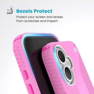 Raised bezels around phone screen and camera are highlighted. Text reads Bezels Protect: Protect your screen and lenses from scratches and impact#color_true-pink-shocking-pink