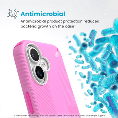 Bacteria is shown around phone case but not on it. Text reads Antimicrobial: Antimicrobial product protection reduces bacteria growth on the case (Antimicrobial technology does not protect users or other items against disease pathogens)#color_true-pink-shocking-pink