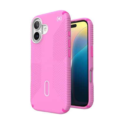 Three-quarter view of back of phone case with phone inside shown over top of front view of phone case with phone inside#color_true-pink-shocking-pink