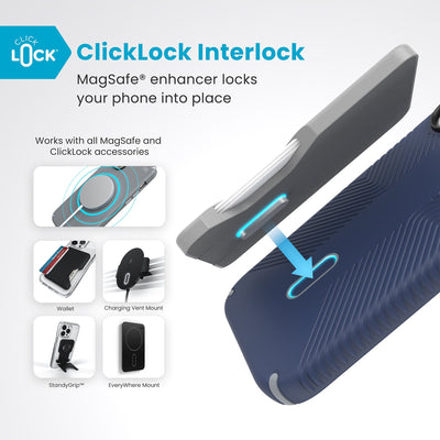 A ClickLock Wallet accessory hovers over the back of the phone case with interlock bolt extended and arrow pointing to bolt receptacle in case. Text reads ClickLock interlock: MagSafe enhancer locks your phone into place. Works with all MagSafe and ClickLock accessories#color_coastal-blue-dust-grey