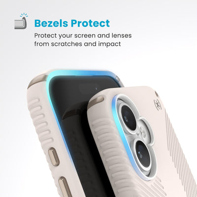 Raised bezels around phone screen and camera are highlighted. Text reads Bezels Protect: Protect your screen and lenses from scratches and impact#color_bleached-bone-heirloom-gold