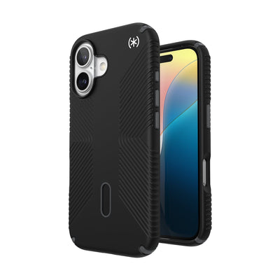 Three-quarter view of back of phone case with phone inside shown over top of front view of phone case with phone inside#color_black-slate-grey