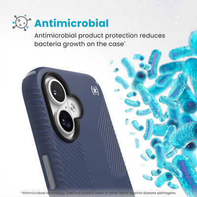 Bacteria is shown around phone case but not on it. Text reads Antimicrobial: Antimicrobial product protection reduces bacteria growth on the case (Antimicrobial technology does not protect users or other items against disease pathogens)#color_coastal-blue-dust-grey