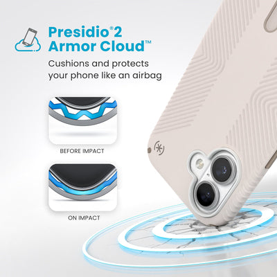 A corner of the case impacts the ground - a diagram shows interior cushion of phone before impact and on impact. Text reads Presidio2 Armor Cloud: Cushions and protects your phone like an airbag#color_bleached-bone-heirloom-gold