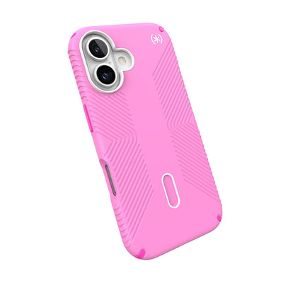 Tilted slight perspective view of back of phone case with phone inside#color_true-pink-shocking-pink