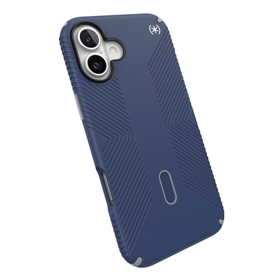 Tilted slight perspective view of back of phone case with phone inside#color_coastal-blue-dust-grey