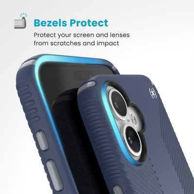 Raised bezels around phone screen and camera are highlighted. Text reads Bezels Protect: Protect your screen and lenses from scratches and impact#color_coastal-blue-dust-grey