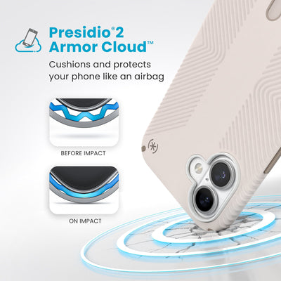 A corner of the case impacts the ground - a diagram shows interior cushion of phone before impact and on impact. Text reads Presidio2 Armor Cloud: Cushions and protects your phone like an airbag#color_bleached-bone-heirloom-gold