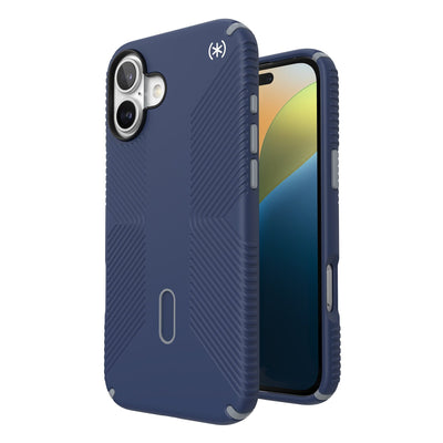 Three-quarter view of back of phone case with phone inside shown over top of front view of phone case with phone inside#color_coastal-blue-dust-grey