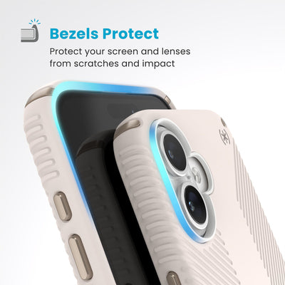 Raised bezels around phone screen and camera are highlighted. Text reads Bezels Protect: Protect your screen and lenses from scratches and impact#color_bleached-bone-heirloom-gold