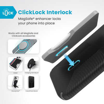 A ClickLock Wallet accessory hovers over the back of the phone case with interlock bolt extended and arrow pointing to bolt receptacle in case. Text reads ClickLock interlock: MagSafe enhancer locks your phone into place. Works with all MagSafe and ClickLock accessories#color_black-slate-grey