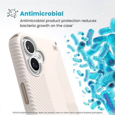 Bacteria is shown around phone case but not on it. Text reads Antimicrobial: Antimicrobial product protection reduces bacteria growth on the case (Antimicrobial technology does not protect users or other items against disease pathogens)#color_bleached-bone-heirloom-gold