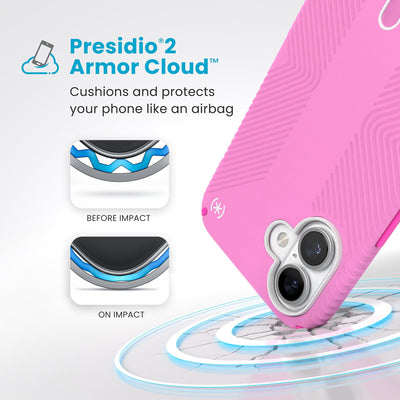 A corner of the case impacts the ground - a diagram shows interior cushion of phone before impact and on impact. Text reads Presidio2 Armor Cloud: Cushions and protects your phone like an airbag#color_true-pink-shocking-pink