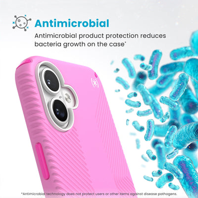 Bacteria is shown around phone case but not on it. Text reads Antimicrobial: Antimicrobial product protection reduces bacteria growth on the case (Antimicrobial technology does not protect users or other items against disease pathogens)#color_true-pink-shocking-pink