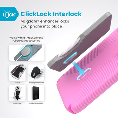 A ClickLock Wallet accessory hovers over the back of the phone case with interlock bolt extended and arrow pointing to bolt receptacle in case. Text reads ClickLock interlock: MagSafe enhancer locks your phone into place. Works with all MagSafe and ClickLock accessories#color_true-pink-shocking-pink