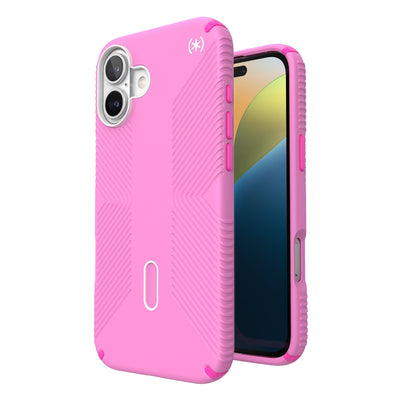 Three-quarter view of back of phone case with phone inside shown over top of front view of phone case with phone inside#color_true-pink-shocking-pink