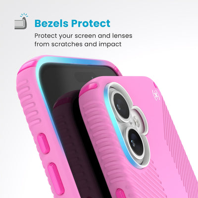 Raised bezels around phone screen and camera are highlighted. Text reads Bezels Protect: Protect your screen and lenses from scratches and impact#color_true-pink-shocking-pink