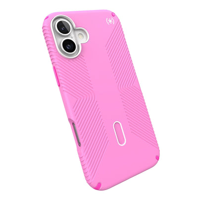 Tilted slight perspective view of back of phone case with phone inside#color_true-pink-shocking-pink