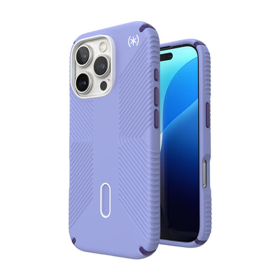 Three-quarter view of back of phone case with phone inside shown over top of front view of phone case with phone inside#color_future-lavender-cassis-purple