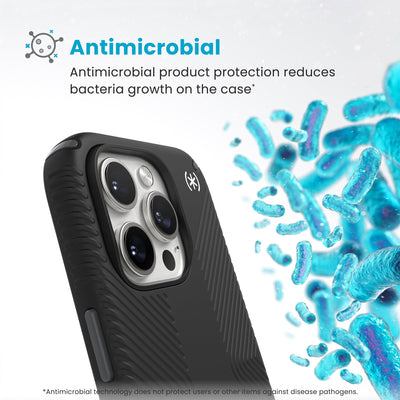 Bacteria is shown around phone case but not on it. Text reads Antimicrobial: Antimicrobial product protection reduces bacteria growth on the case (Antimicrobial technology does not protect users or other items against disease pathogens)#color_black-slate-grey