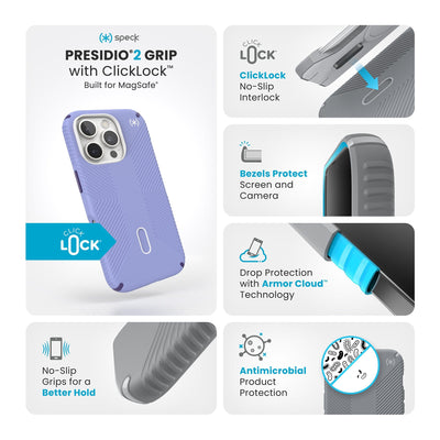 Various close-ups of case are shown. Text reads Speck Presidio2 Grip MagSafe with ClickLock: Built for MagSafe, no-slip grips for a better hold, ClickLock no-slip interlock, bezels protect screen and camera, drop protection with Armor Cloud Technology, antimicrobial product protection#color_future-lavender-cassis-purple