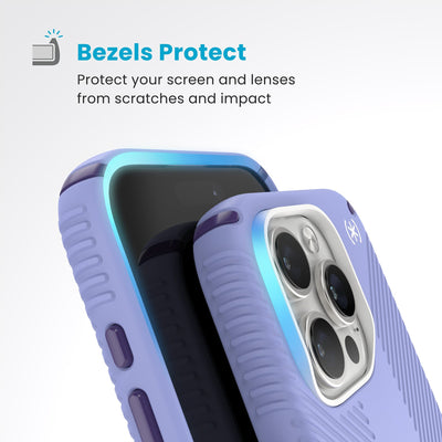 Raised bezels around phone screen and camera are highlighted. Text reads Bezels Protect: Protect your screen and lenses from scratches and impact#color_future-lavender-cassis-purple