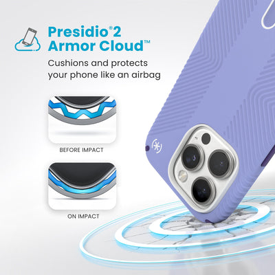 A corner of the case impacts the ground - a diagram shows interior cushion of phone before impact and on impact. Text reads Presidio2 Armor Cloud: Cushions and protects your phone like an airbag#color_future-lavender-cassis-purple