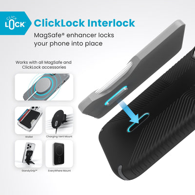 A ClickLock Wallet accessory hovers over the back of the phone case with interlock bolt extended and arrow pointing to bolt receptacle in case. Text reads ClickLock interlock: MagSafe enhancer locks your phone into place. Works with all MagSafe and ClickLock accessories#color_black-slate-grey