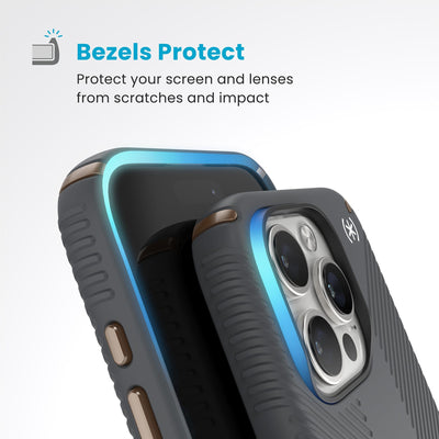 Raised bezels around phone screen and camera are highlighted. Text reads Bezels Protect: Protect your screen and lenses from scratches and impact#color_charcoal-grey-cool-bronze