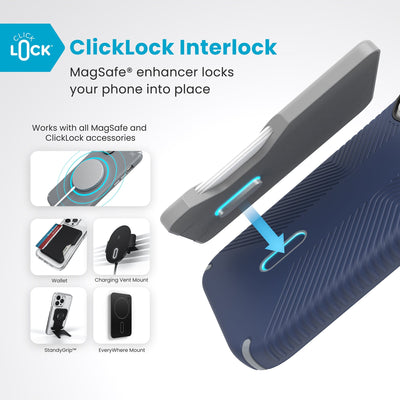 A ClickLock Wallet accessory hovers over the back of the phone case with interlock bolt extended and arrow pointing to bolt receptacle in case. Text reads ClickLock interlock: MagSafe enhancer locks your phone into place. Works with all MagSafe and ClickLock accessories#color_coastal-blue-dust-grey