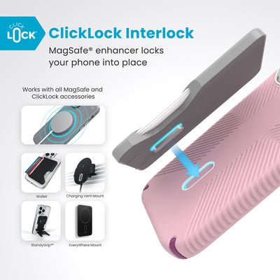 A ClickLock Wallet accessory hovers over the back of the phone case with interlock bolt extended and arrow pointing to bolt receptacle in case. Text reads ClickLock interlock: MagSafe enhancer locks your phone into place. Works with all MagSafe and ClickLock accessories#color_wednesday-pink-boysenberry-purple