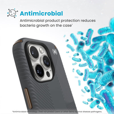 Bacteria is shown around phone case but not on it. Text reads Antimicrobial: Antimicrobial product protection reduces bacteria growth on the case (Antimicrobial technology does not protect users or other items against disease pathogens)#color_charcoal-grey-cool-bronze