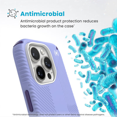 Bacteria is shown around phone case but not on it. Text reads Antimicrobial: Antimicrobial product protection reduces bacteria growth on the case (Antimicrobial technology does not protect users or other items against disease pathogens)#color_future-lavender-cassis-purple