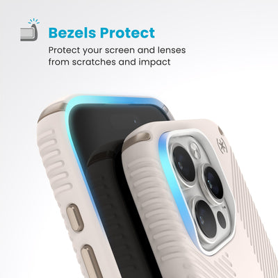 Raised bezels around phone screen and camera are highlighted. Text reads Bezels Protect: Protect your screen and lenses from scratches and impact#color_bleached-bone-heirloom-gold