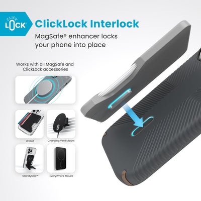 A ClickLock Wallet accessory hovers over the back of the phone case with interlock bolt extended and arrow pointing to bolt receptacle in case. Text reads ClickLock interlock: MagSafe enhancer locks your phone into place. Works with all MagSafe and ClickLock accessories#color_charcoal-grey-cool-bronze