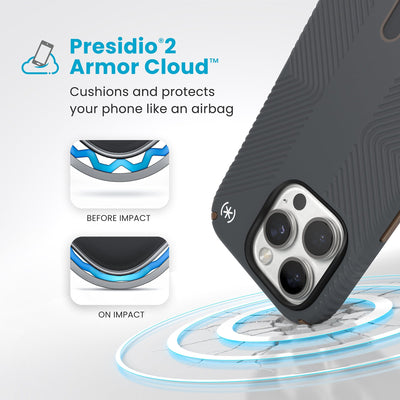 A corner of the case impacts the ground - a diagram shows interior cushion of phone before impact and on impact. Text reads Presidio2 Armor Cloud: Cushions and protects your phone like an airbag#color_charcoal-grey-cool-bronze